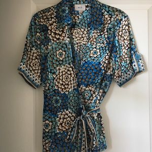 Geometric print, silk, wrap blouse